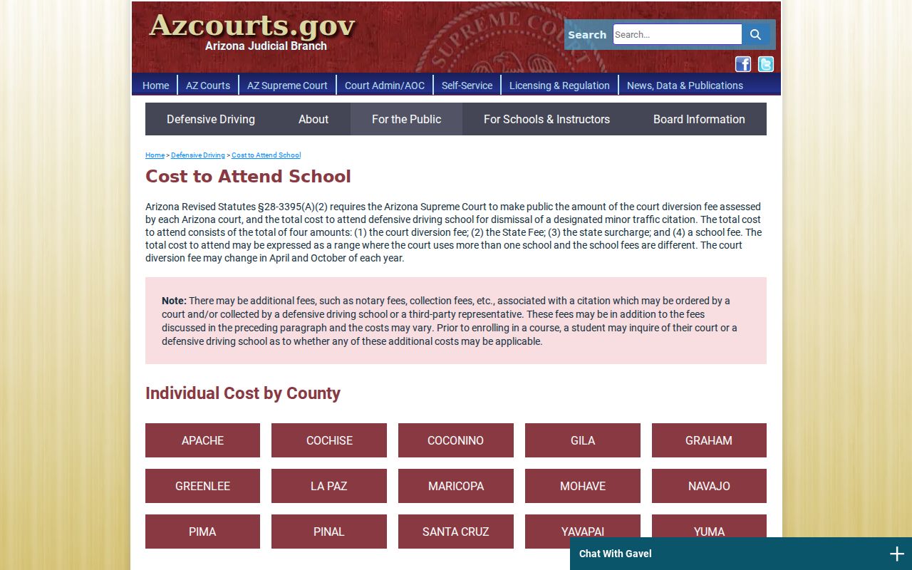 Arizona traffic court defensive-driving diversion cost selector by court