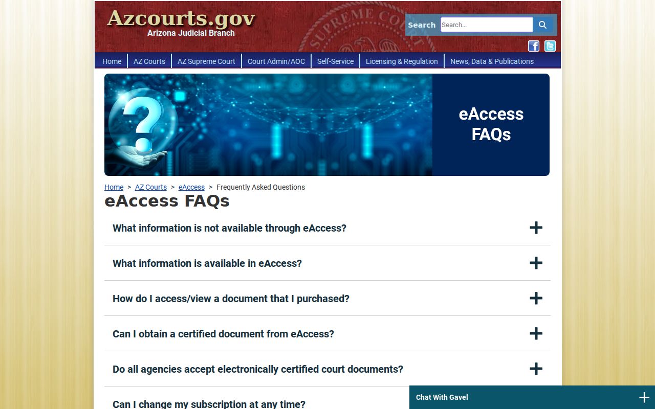 Arizona court records eAccess document and electronic certification fees