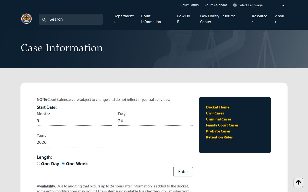 Arizona court calendar date and one-day or one-week search controls