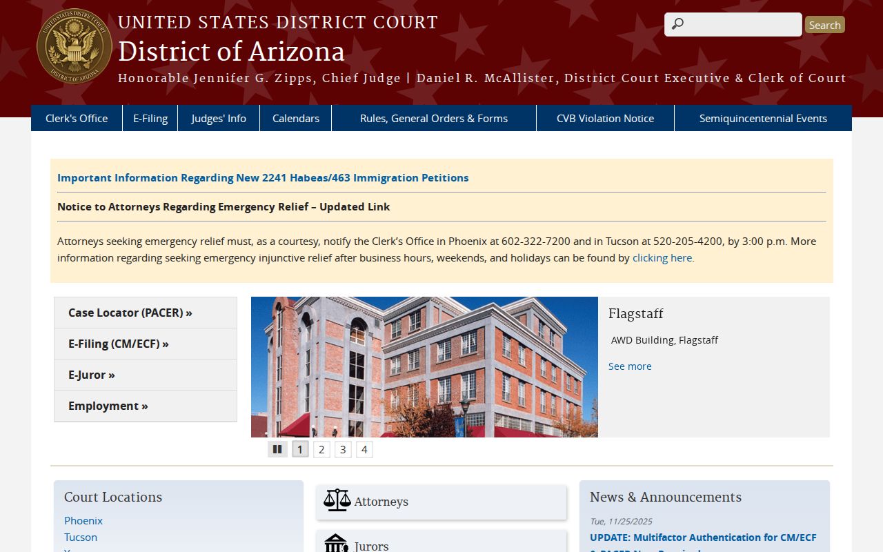 Arizona federal court docket resource for the District of Arizona