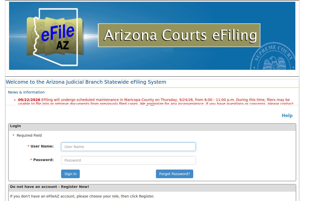 Arizona court system eFileAZ sign-in and filing role screen