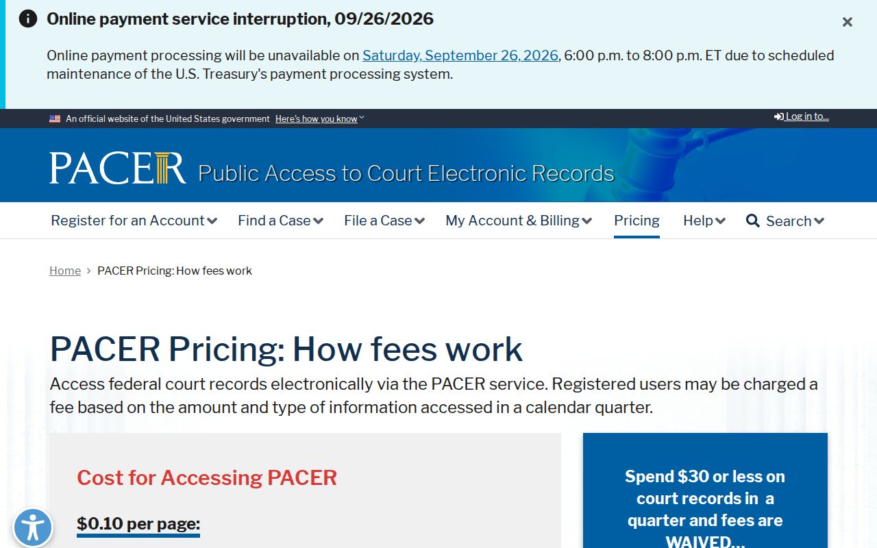 Arizona federal docket search and PACER document pricing information