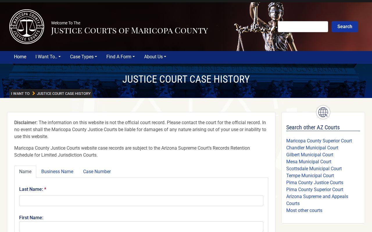 Arizona traffic court case lookup example from a local Justice Court