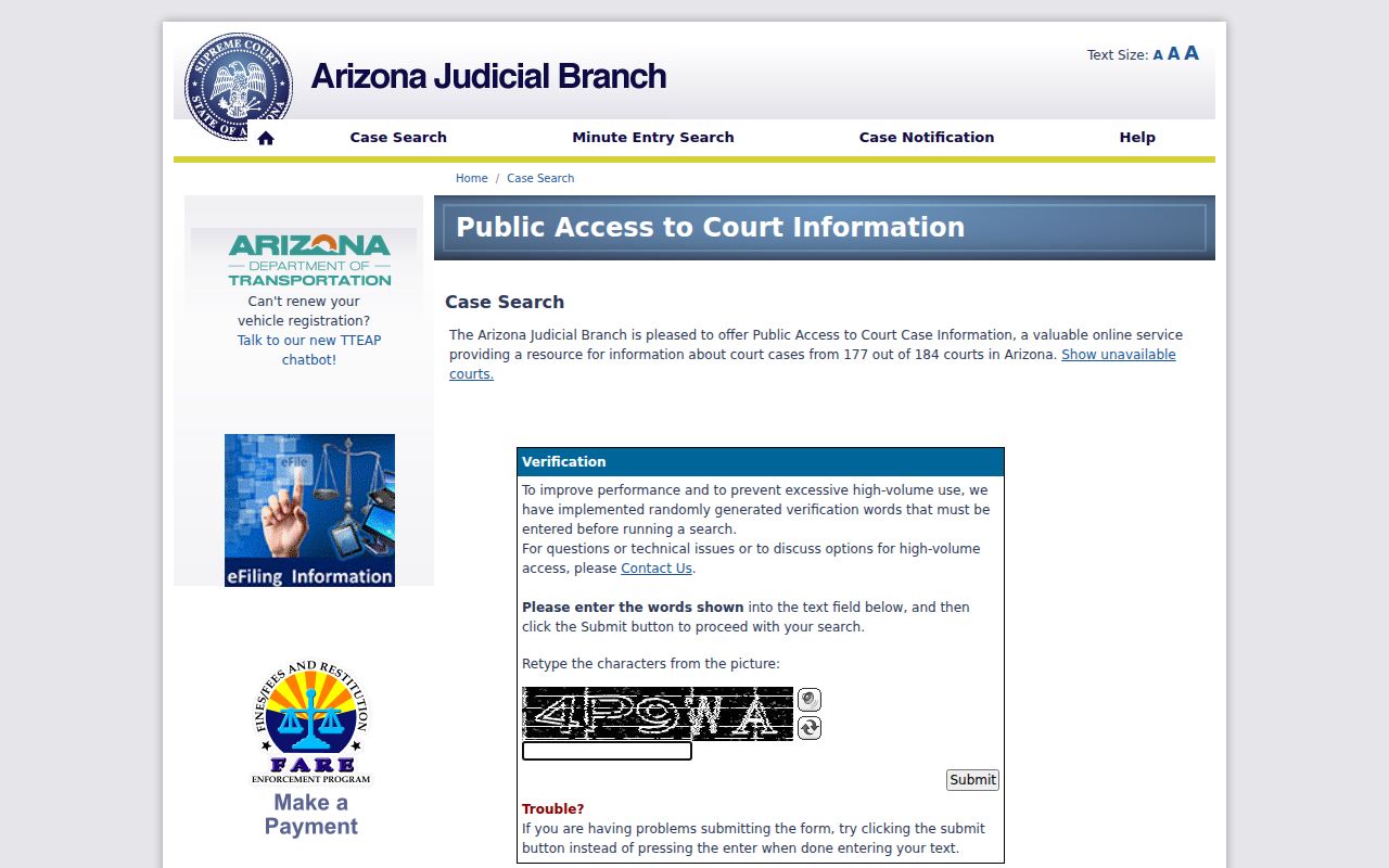Arizona statewide court docket search CAPTCHA and Public Access entry screen