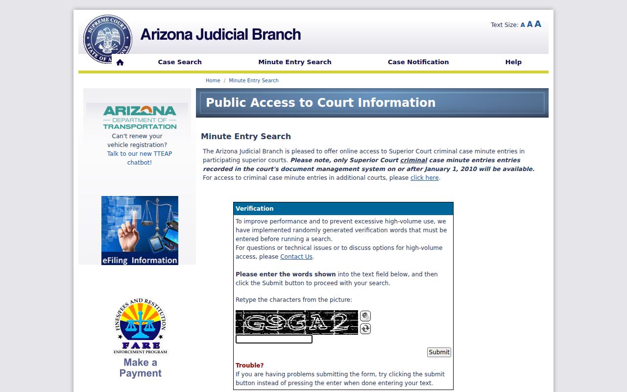 Arizona criminal minute-entry search on the Public Access portal