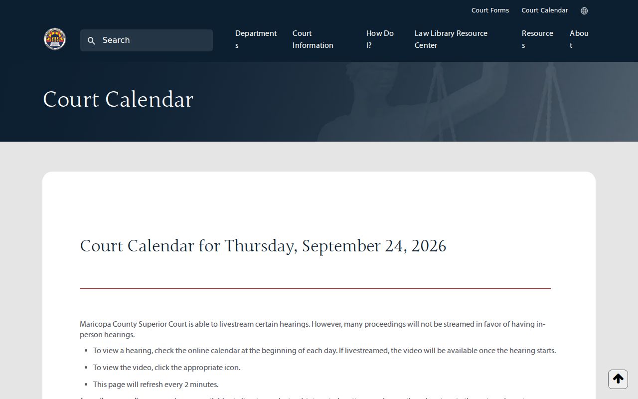 Arizona local court hearing calendar search controls and result headings