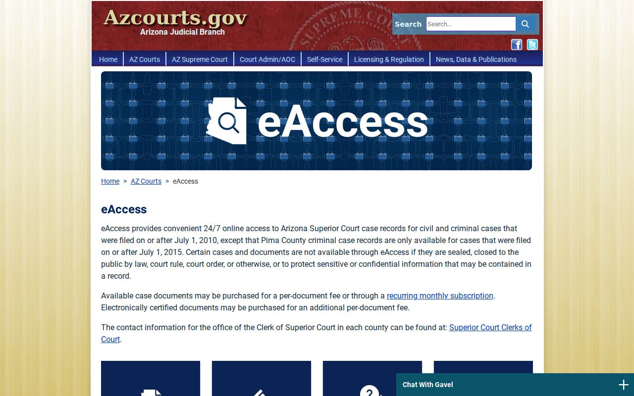 Arizona case search coverage dates for Superior Court civil and criminal matters