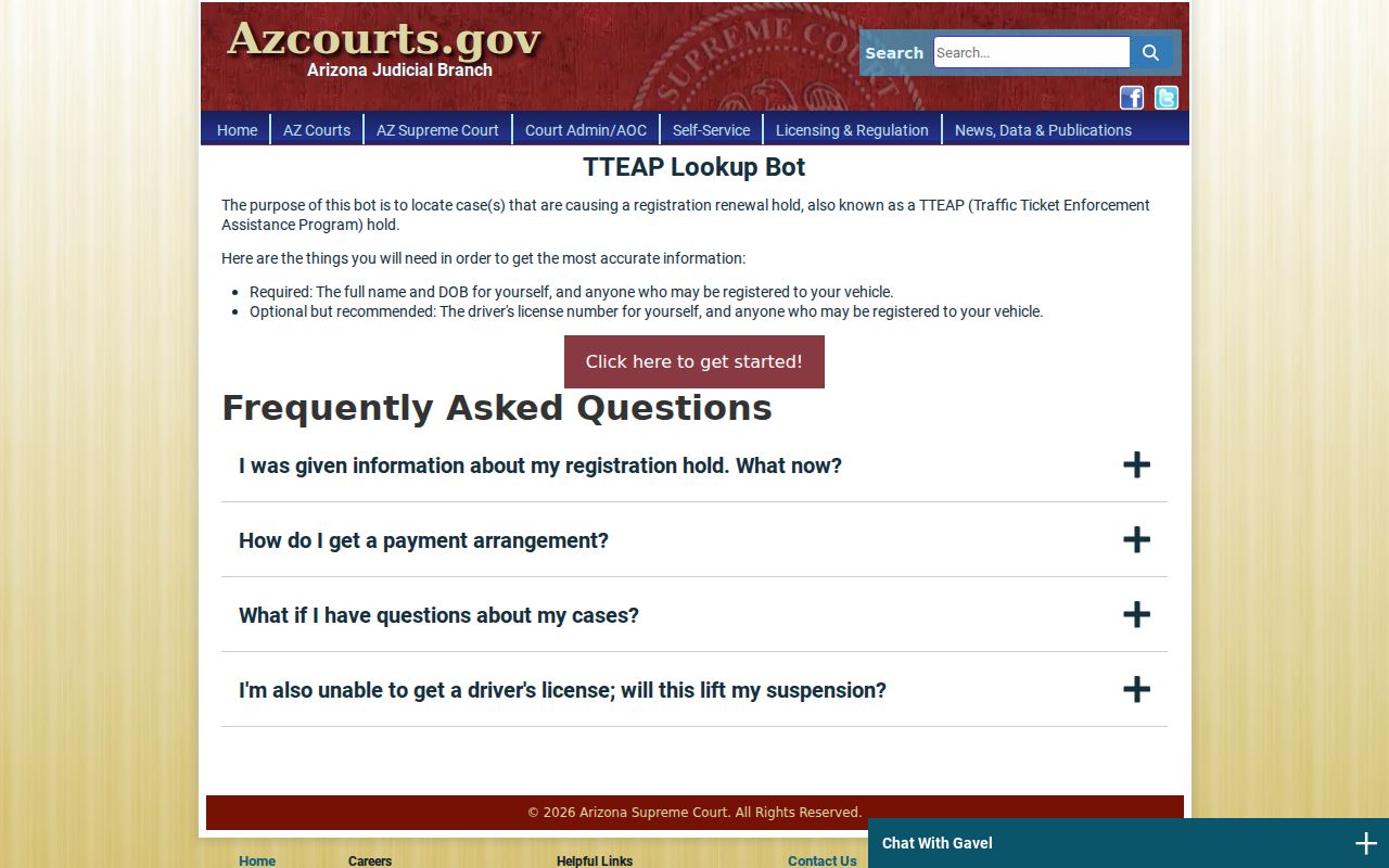 Arizona traffic ticket TTEAP lookup for vehicle-registration holds